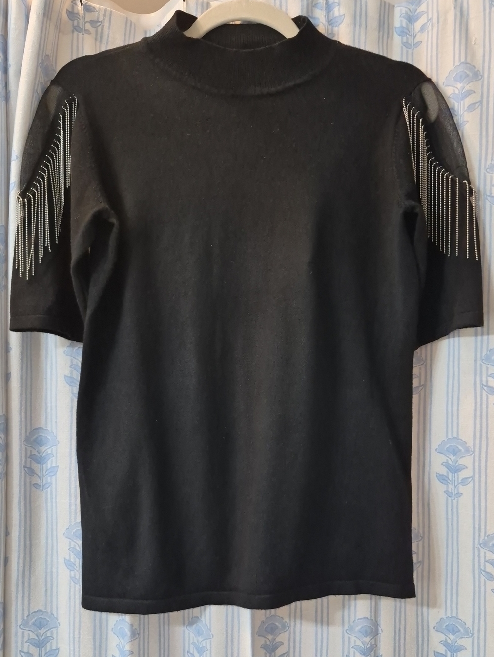 Love Ever After Black Beaded Fringe Sheer Short Sleeve Mock Neck Knit Top Sz S
